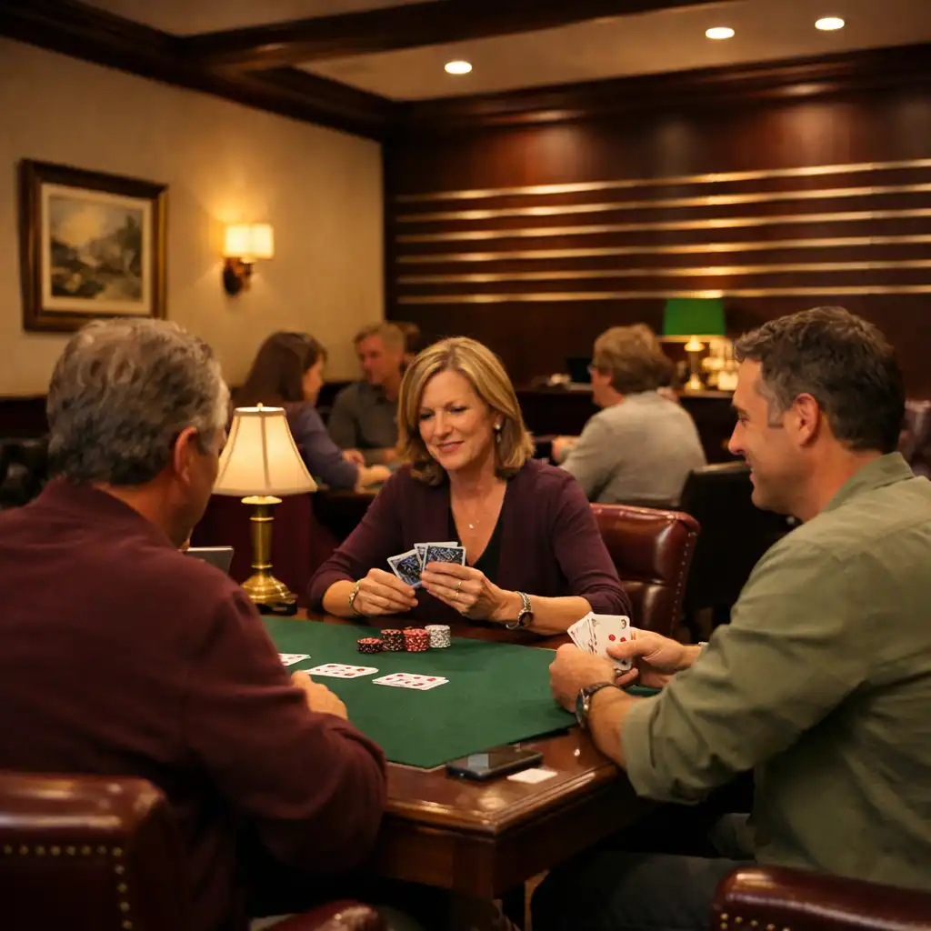 Interior of the Card Lounge with dark wood tables, green felt, leather chairs, and warm lighting