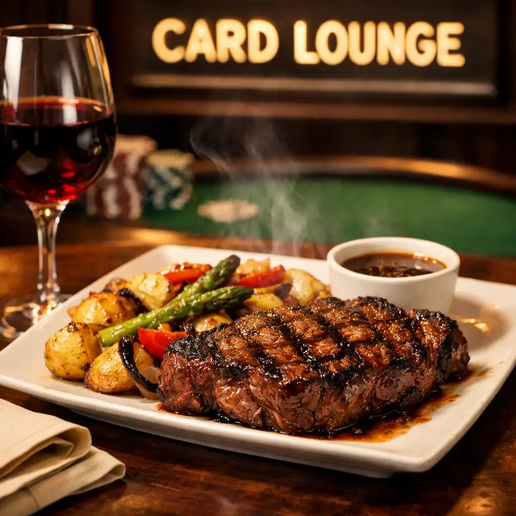 A grilled steak dish with roasted vegetables served at a table near the Card Lounge, with a poker table softly visible in the background
