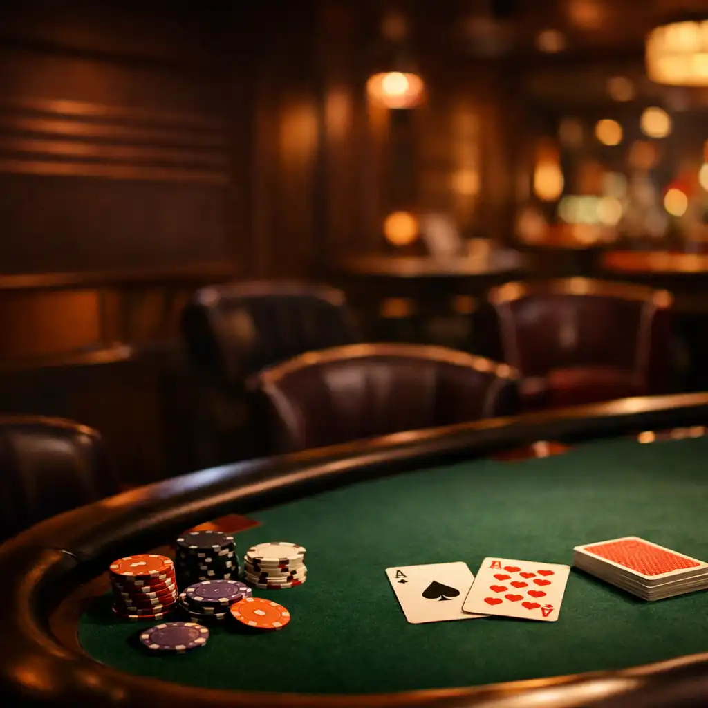 A physical poker table with green felt, playing cards, and chips in the warmly lit Card Lounge at Golden Ridge Grill