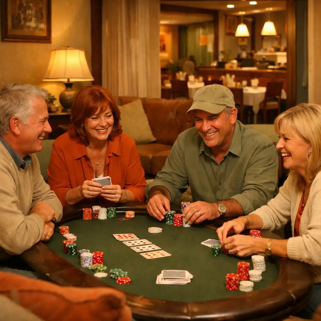 A relaxed group of adults playing live poker at a low table in the Golden Ridge Grill Card Lounge, with warm lamps and a glimpse of the restaurant