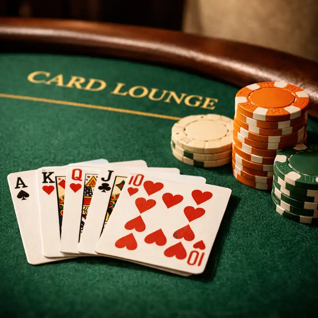 Close-up of a poker table showing green felt, playing cards, and poker chips as table accessories
