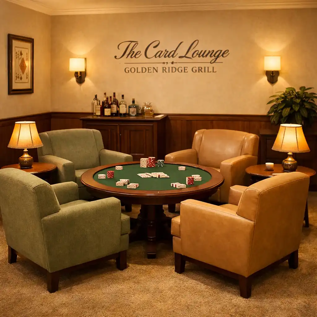 Plush seating and small tables in the relaxed Card Lounge at Golden Ridge Grill