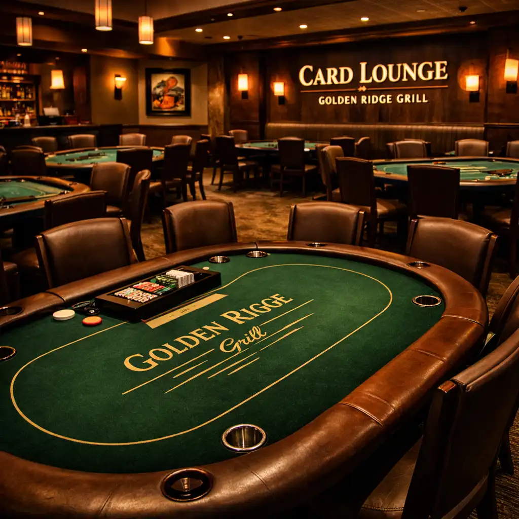 The Card Lounge at Golden Ridge Grill with multiple poker tables, warm lighting, and dark wood accents