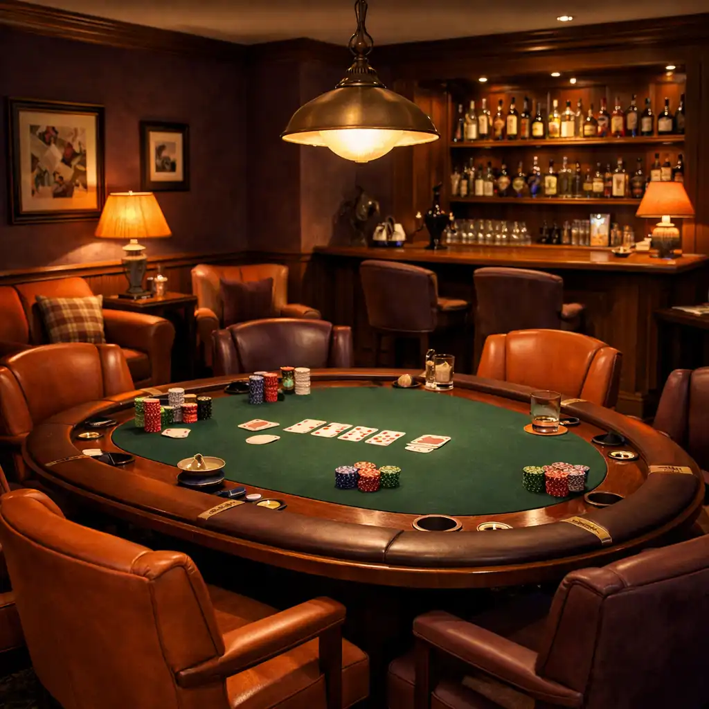 Cozy card lounge with a poker table, comfortable chairs, and warm lighting