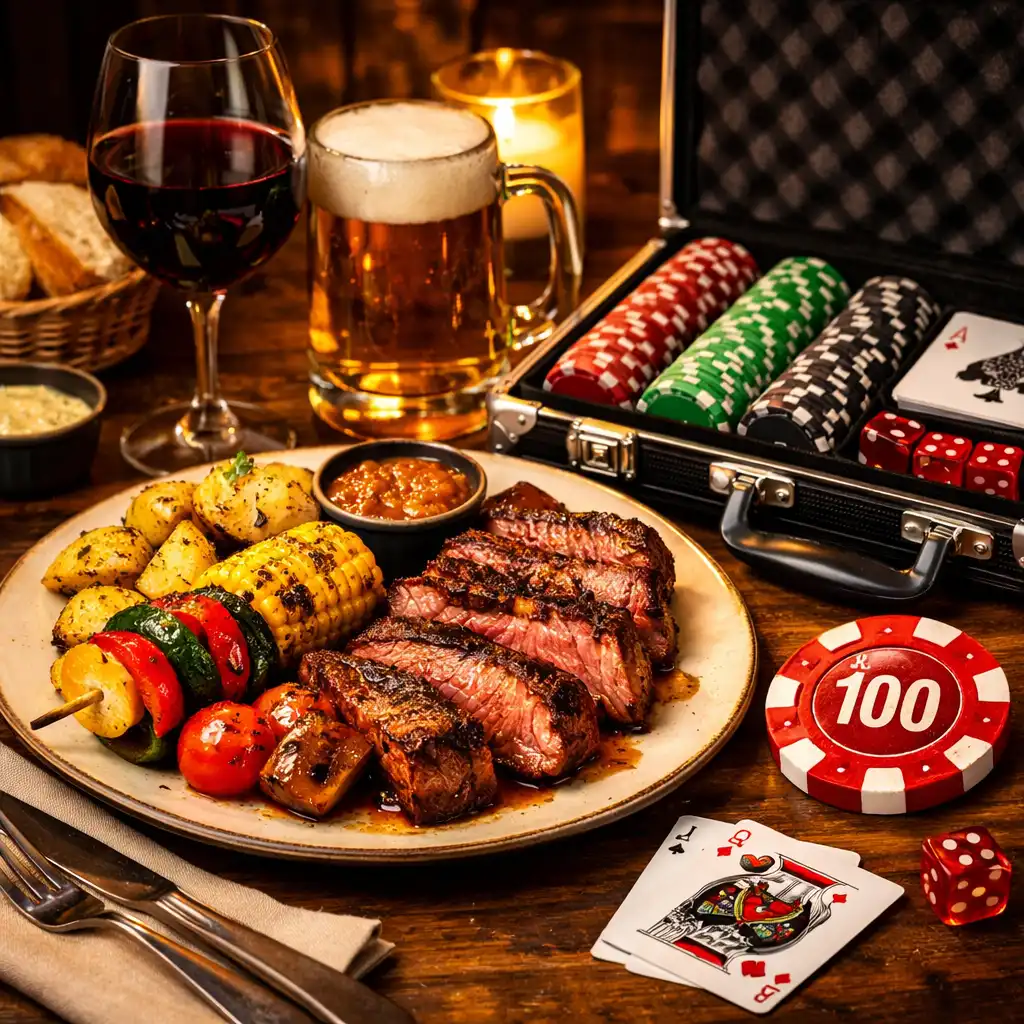 Table setting with a grilled meal and a poker chip set on the side