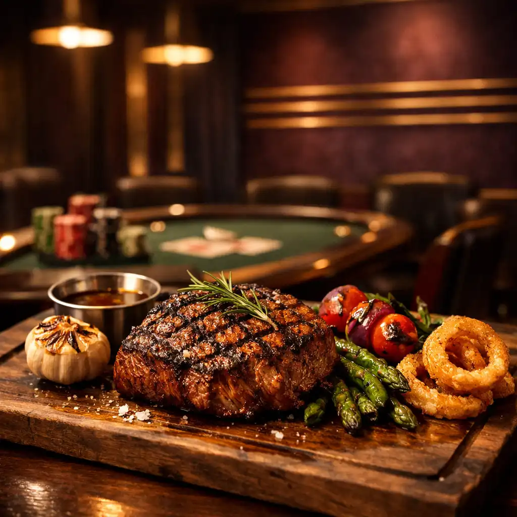 Premium grilled dish on a wooden board in a warm restaurant setting with hints of the poker room in the background