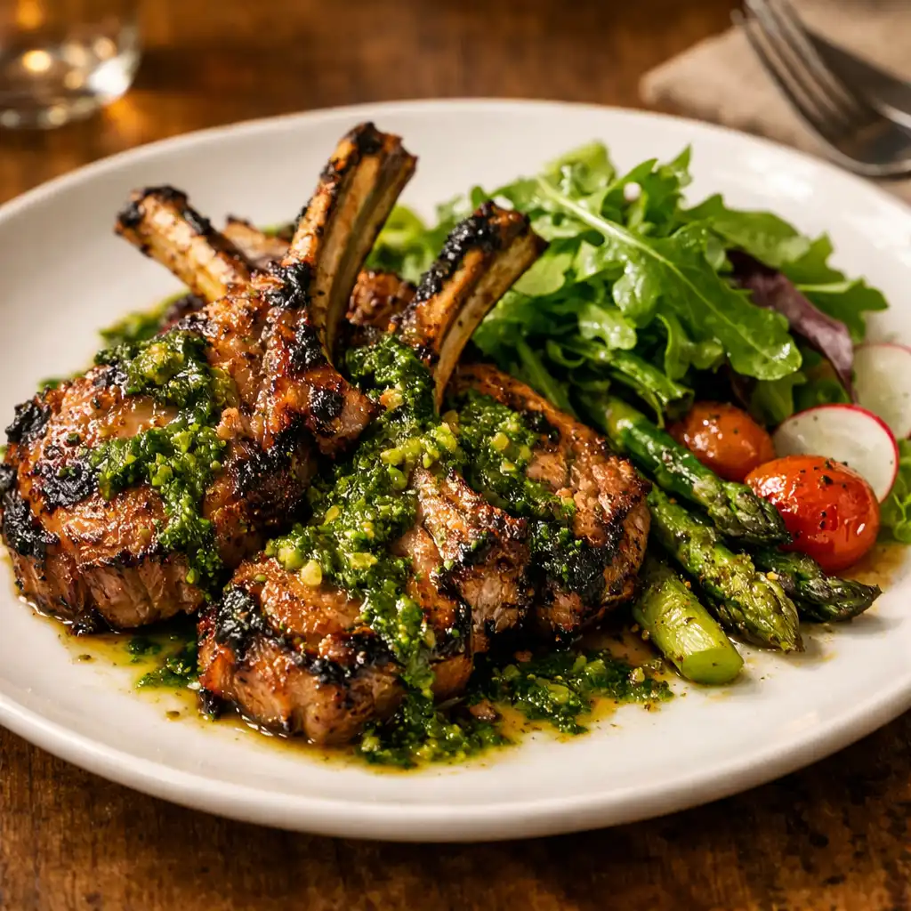 Plated grilled lamb cutlets with charred edges, herb sauce, and seasonal greens