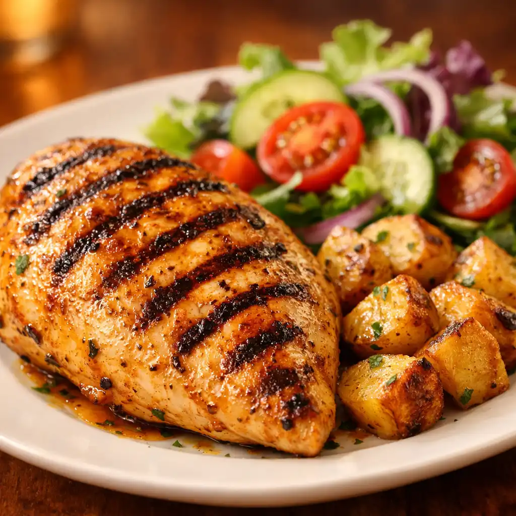 Grilled chicken breast with grill marks, roasted potatoes, and a side salad