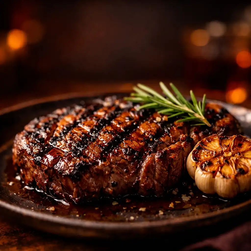 Grilled ribeye steak with char marks on a dark ceramic plate