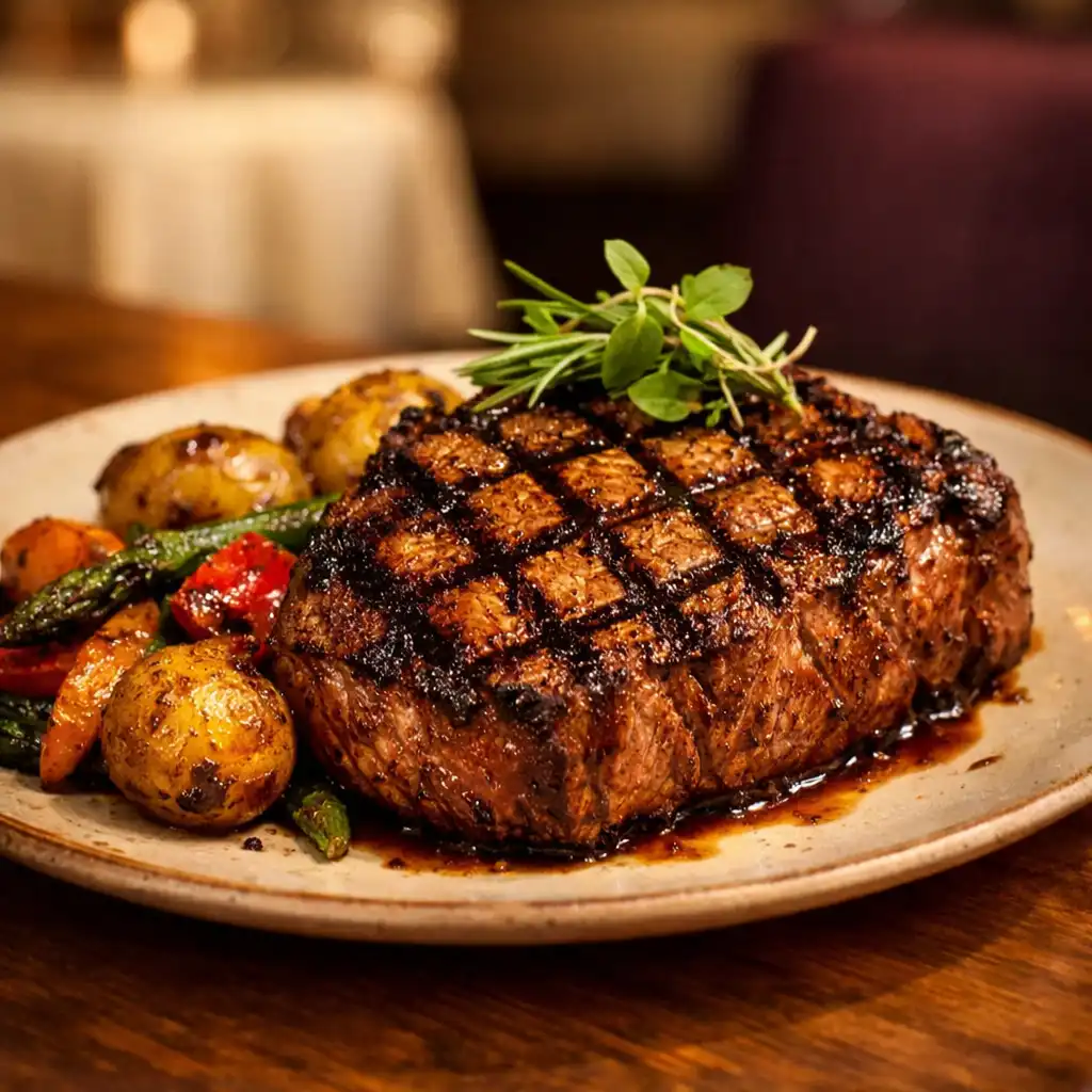 A beautifully grilled steak with visible grill marks served on a plate