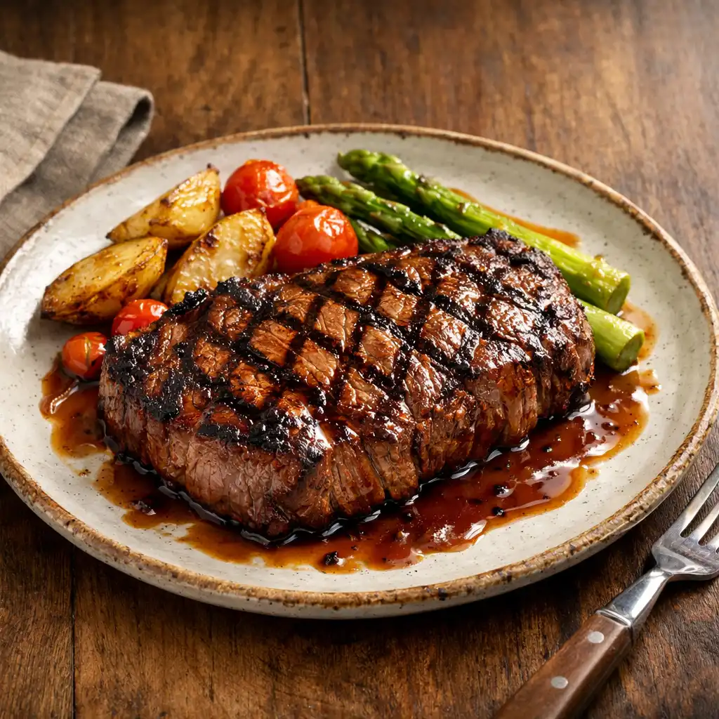Plated grilled steak with char marks, roasted vegetables, and sauce on a wooden table