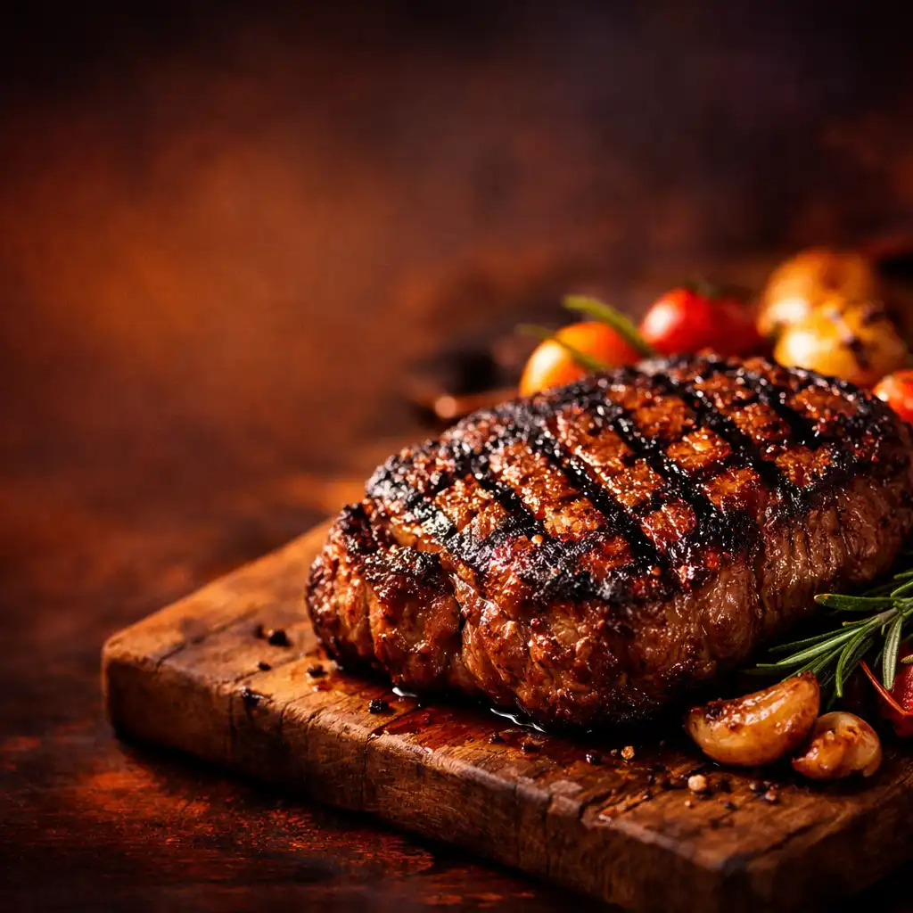 Cinematic close-up of a grilled steak with char marks, rosemary, and roasted vegetables on a wooden board