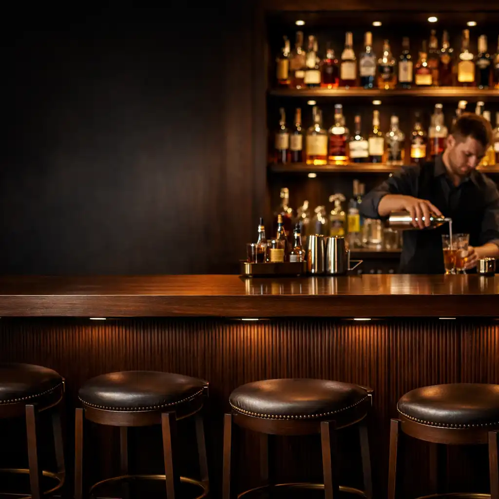 Bar area with wooden counter, backlit shelves, and bar stools