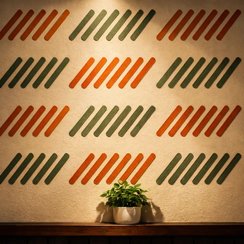 Detail of a wall with parallel grill-line pattern in burnt orange and sage green