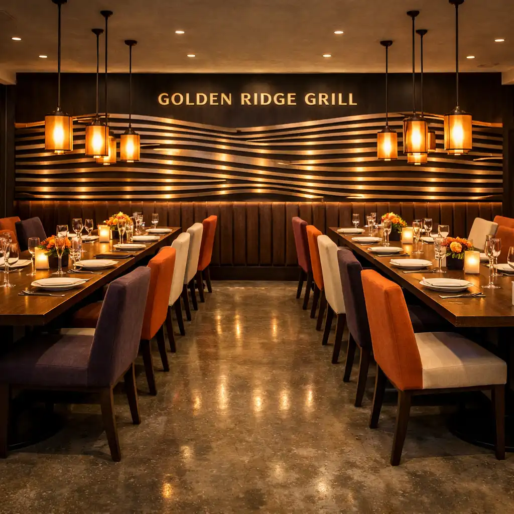 Main dining room with long wooden tables, upholstered chairs, and a feature wall with grill-line patterns