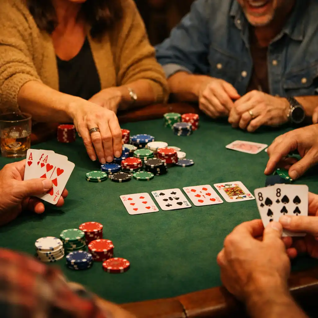 Group of adults playing poker at a physical table with cards and chips, no digital screens