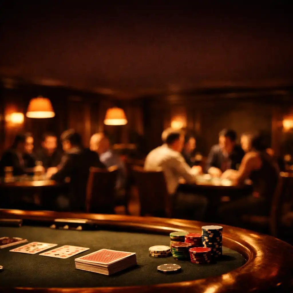 A dimly lit poker room at Golden Ridge Grill with a physical poker table, playing cards, and poker chips in the foreground