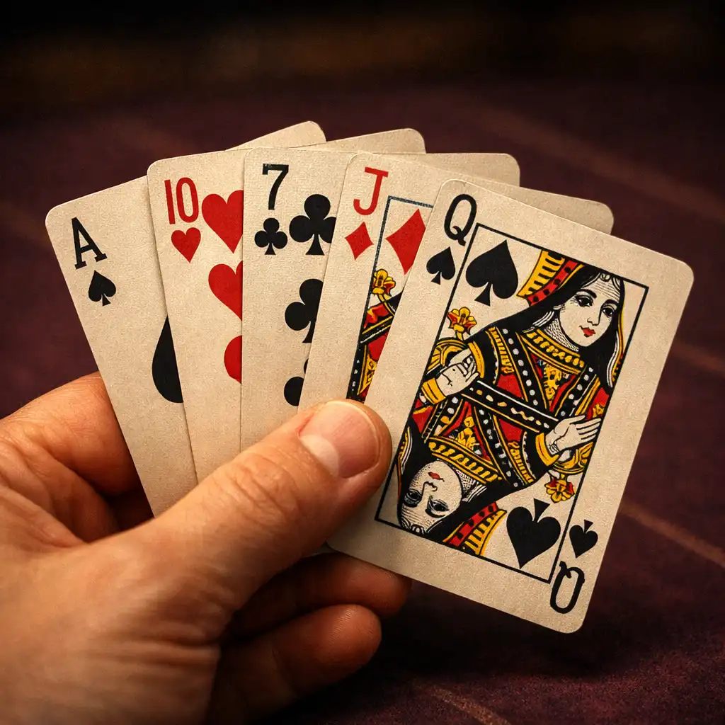 A hand holding a fan of playing cards over a dark plum surface with subtle line patterns