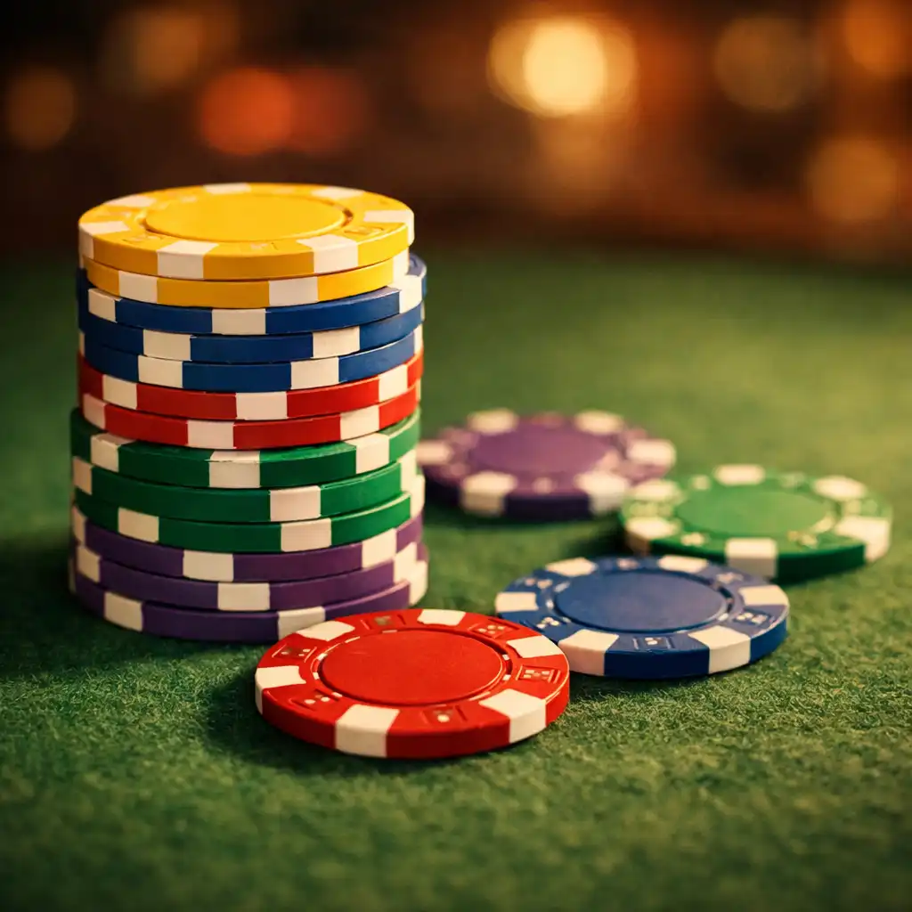 A stack of colourful poker chips on a green felt poker table