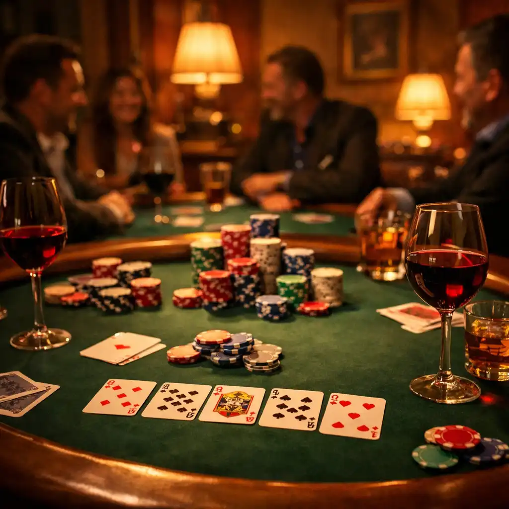 Evening scene in a card lounge with a poker table, cards, chips, and glasses of wine nearby