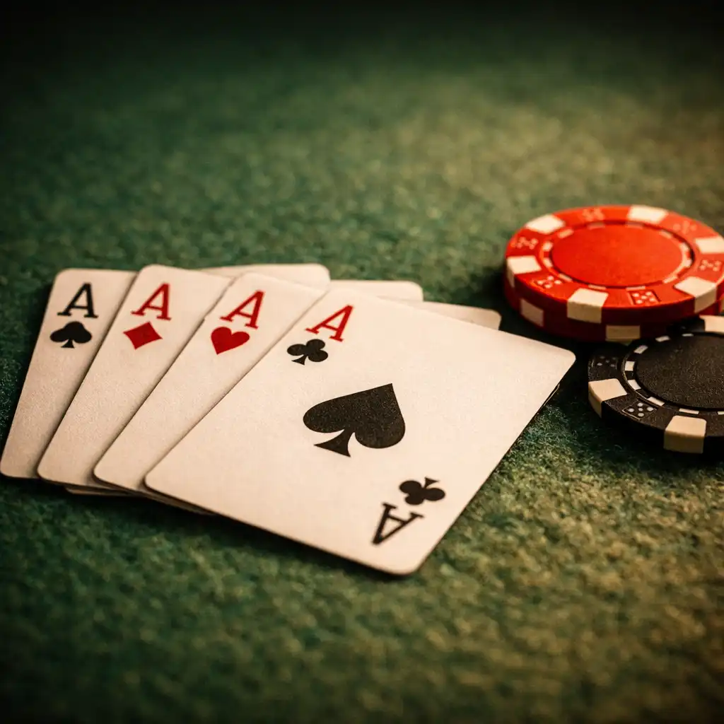Close-up of the poker table felt showing its texture with fanned playing cards and poker chips