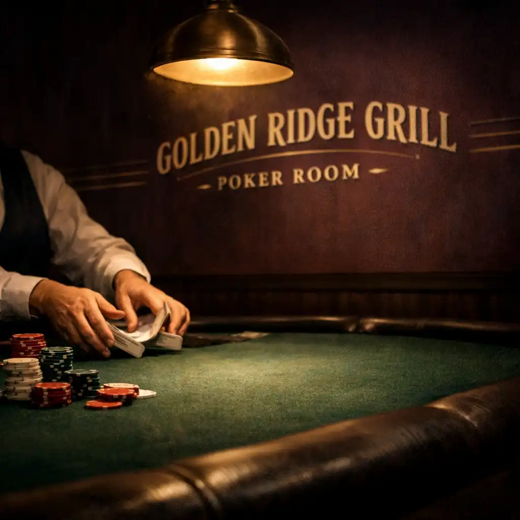 A dealer's hands shuffling playing cards on a poker table under warm, focused lighting in the Golden Ridge Grill Poker Room