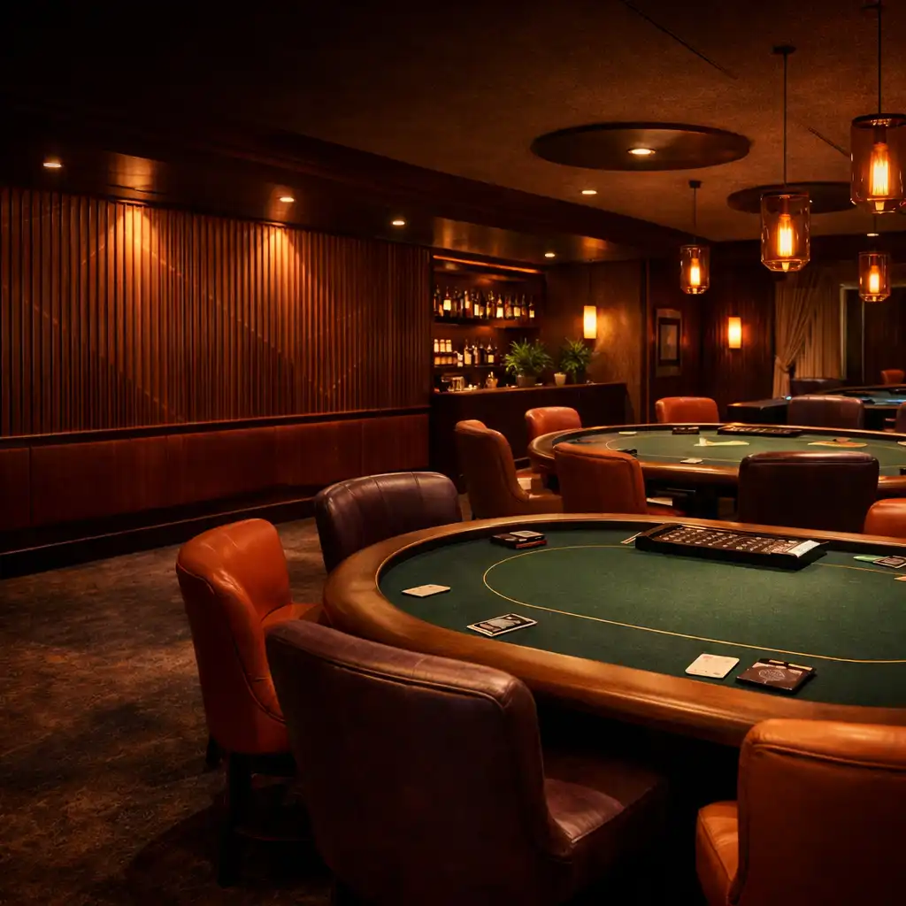Warmly lit physical poker room at Golden Ridge Grill with several felt tables and leather chairs