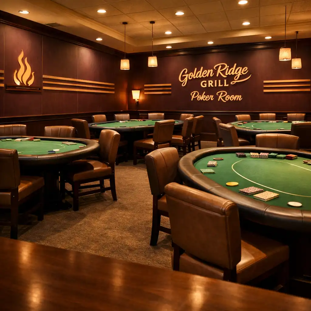 Wide view of the Golden Ridge Grill Poker Room with physical poker tables and dark plum walls