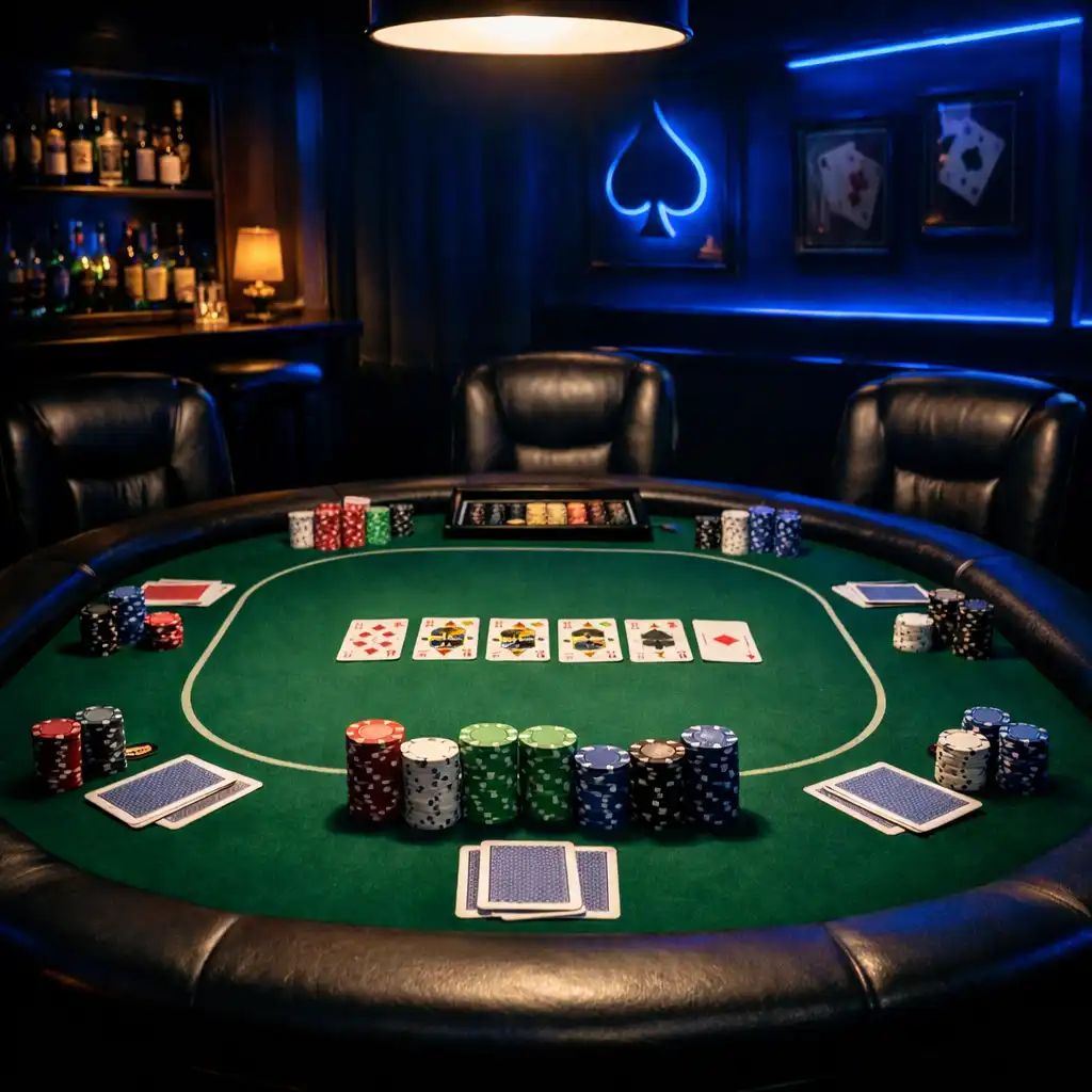 Dedicated poker room with a professional poker table, green felt surface, physical chips and cards