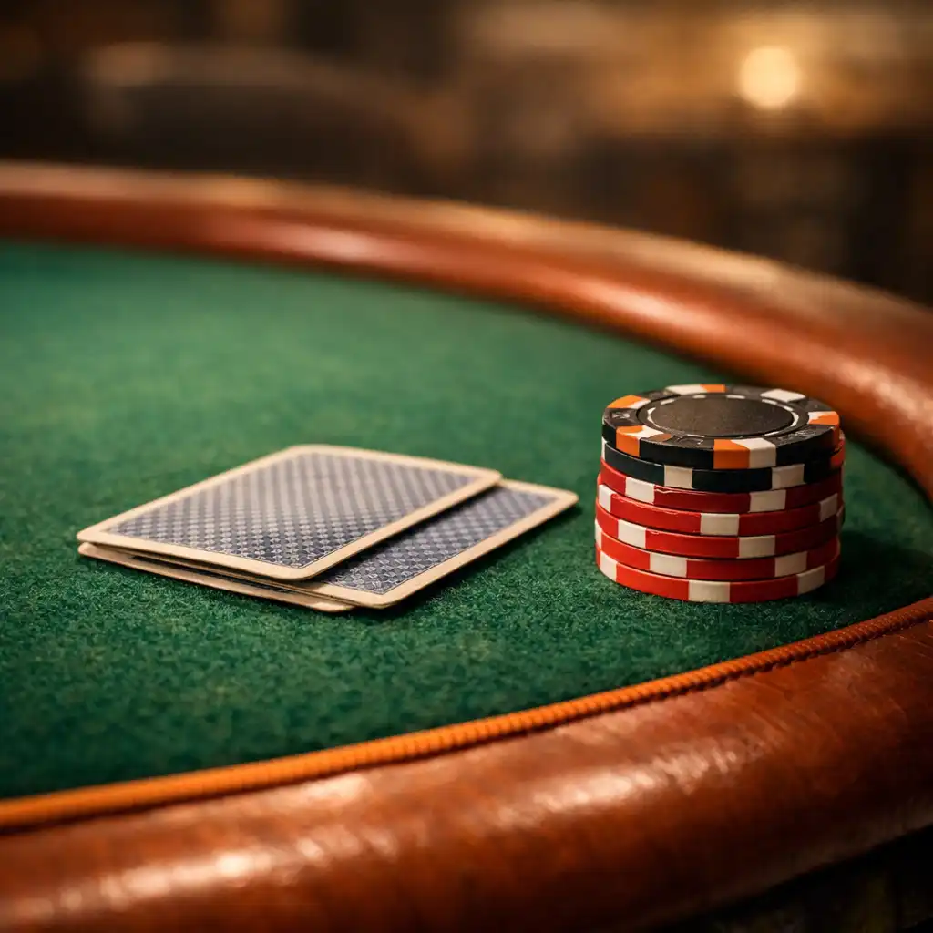 Close-up of a physical poker table with green felt, face-down playing cards, and a small stack of poker chips