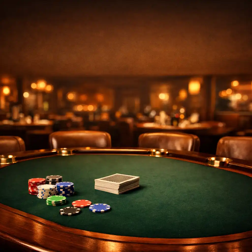 A premium poker table with dark wood, deep green felt, playing cards, and poker chips in a warm, moody restaurant setting