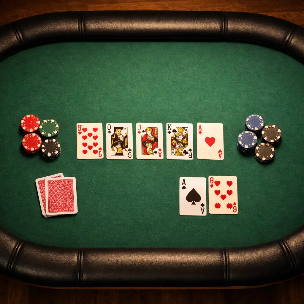 Top-down view of a physical poker table with green felt, padded rails, and chips