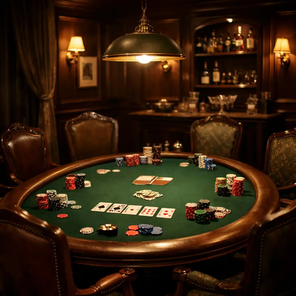 Private poker room with a single table, elegant chairs, subdued lighting, and physical cards and chips
