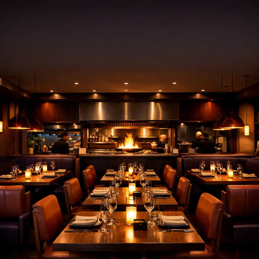 Warm, cinematic view of the Golden Ridge Grill dining room with an open kitchen and glowing grill in the background