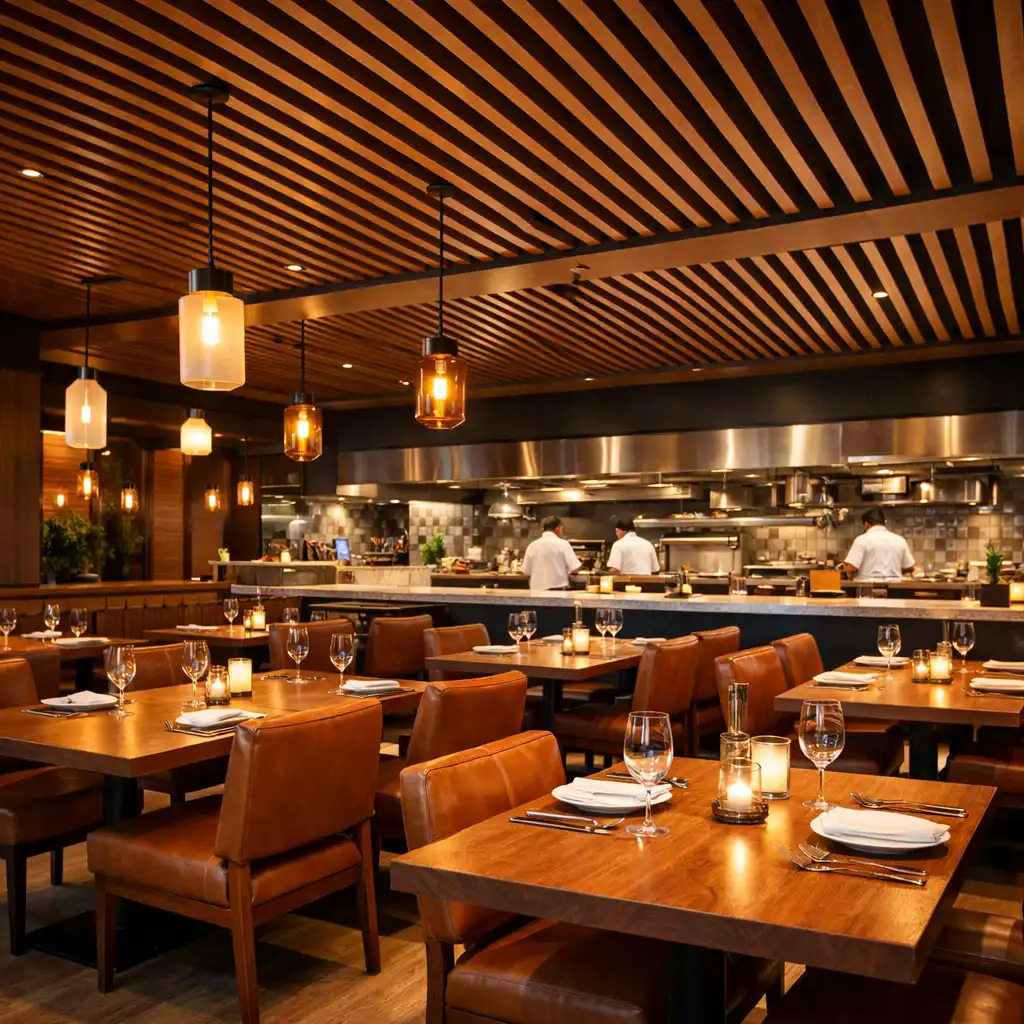 Interior of a modern Australian restaurant with warm wood tables, leather chairs, and an open kitchen