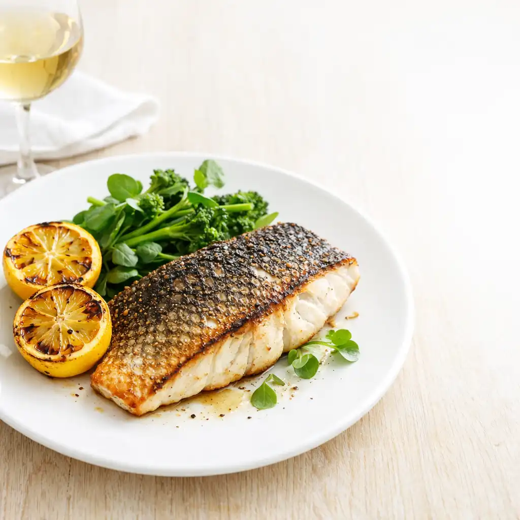 Grilled barramundi fillet with crispy skin, charred lemon, and greens