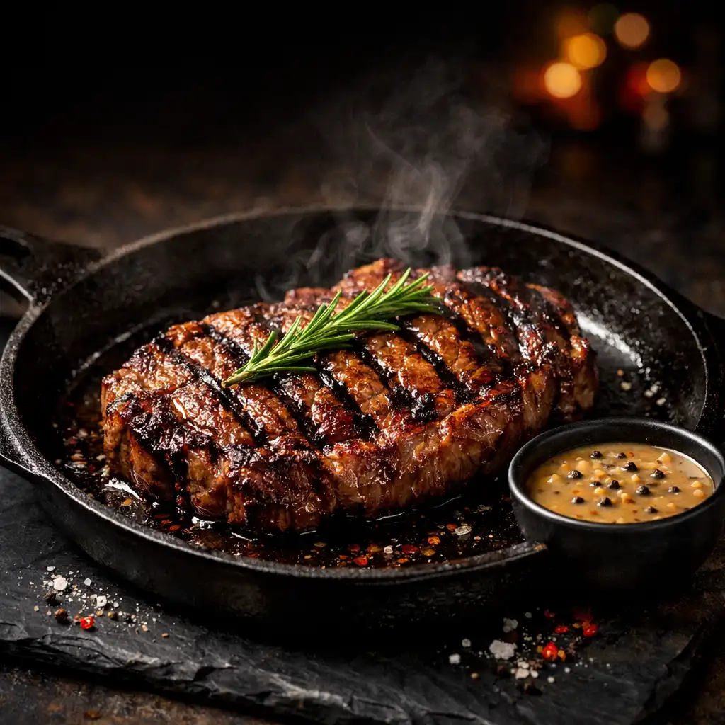 Sizzling ribeye steak on a cast-iron skillet with rosemary and peppercorn sauce