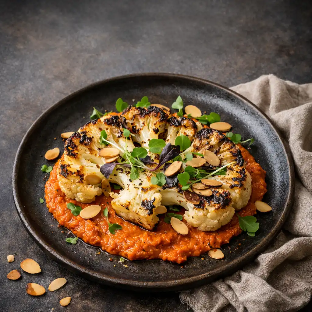 Charred cauliflower steak with romesco sauce, microgreens, and toasted almonds